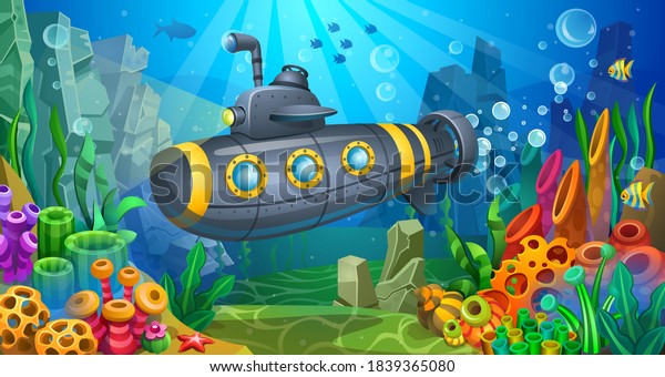 Steel submarine plunges into the depths of the sea. Underwater world with algae, corals, sponges and fish.
