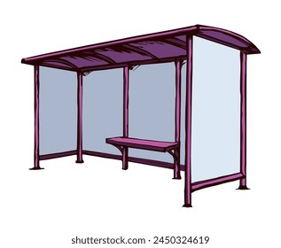 Steel suburb busstop promo ad brand render plastic roof cover canopy glass wall side view white sky text space. Black line hand drawn wait tram chair sign icon symbol modern doodle outline art style