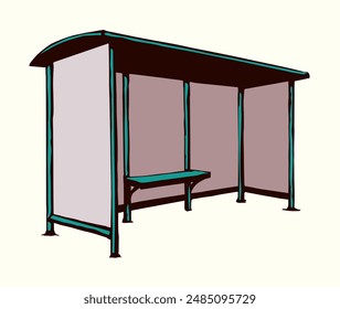 Steel suburb busstop promo ad brand render plastic roof cover canopy glass wall side view white sky text space. Black line hand drawn wait tram chair sign icon symbol modern doodle outline art style