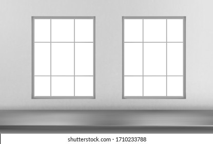 Steel table surface front of windows on white wall background. Kitchen or cafe interior with stainless silver colored desk, inner design project visualization, render. Realistic 3d vector illustration