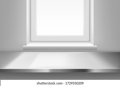 Steel table surface top view front of window with sun light on white wall background. Kitchen or cafe interior with stainless desk, inner design project visualization, Realistic 3d vector illustration - Shutterstock ID 1729550209