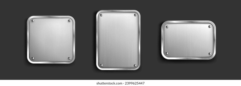 Steel tag plate with borders and screws. Realistic vector set of metal nameplates or boards with empty space for sign. Silver plaque or stainless frame mockup. Blank shape with chrome texture surface.