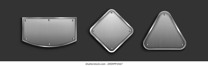 Steel tag plate with borders and screws. Realistic vector set of metal nameplates or boards with empty space for sign. Silver plaque or stainless frame mockup. Blank shape with chrome texture surface.