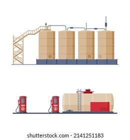 Steel Tank Or Storage Reservoir With Oil Or Petroleum And Gas Filling Station Stand Vector Set