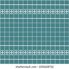 Steel teal color or grey blue tiles with decor. Interior design fot kitchen, bathroom, toilet. Tile design.

