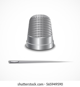 Steel thimble and needle for sewing. Vector illustration on white background