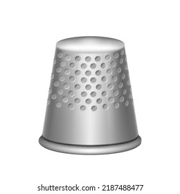 Steel thimble for needlework and sewing realistic item isolated on white background. Tool for needle work, dressmaking and tailoring. Realistic 3d vector illustration