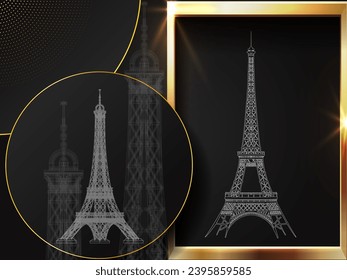 Steel tower line art drawing in the classic golden frame