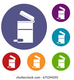 Steel trashcan icons set in flat circle reb, blue and green color for web