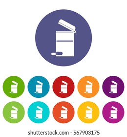Steel trashcan set icons in different colors isolated on white background