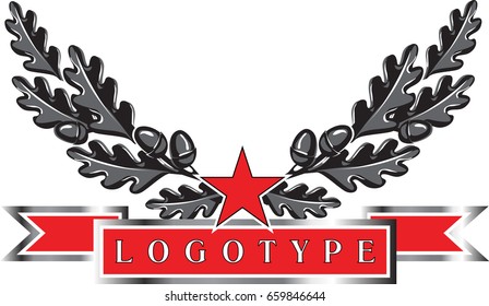 Steel triumphal oak branches wreath with acorns and red star as military style logo element. 
