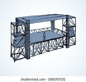 Steel urban scaffolding runway area for amplifiers loud pop musician fest on white backdrop. Freehand line black ink hand drawn picture sketch in art modern scribble contour graphic style pen on paper