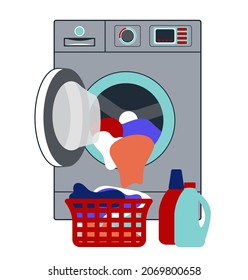 Steel washing machine and laundry basket. The car door is open. There is a basket and detergents next to the machine. Isolated on a white background. Flat style. Vector illustration
