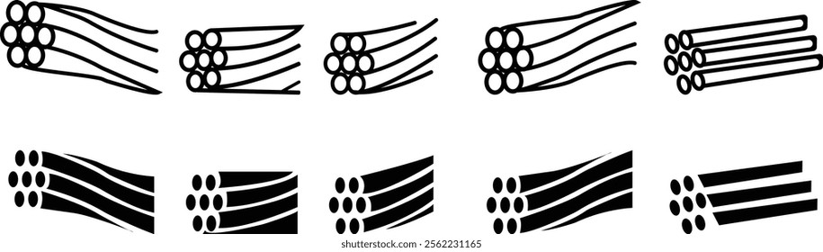 steel wire rope icon set, abstract stranded strong metal cable clamp Wire Rope Sling silhouette graphic design elements, isolated on transparent background, used for mobile apps, web site or ui.