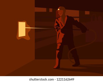 Steel Worker Takes A Sample From Oven.Metal Production In Electric Furnaces.Vector Illustration