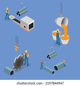 Steel Workers in Metallurgy Process isometric 3d flat vector illustration concept for banner, website, landing page, ads, flyer template, etc