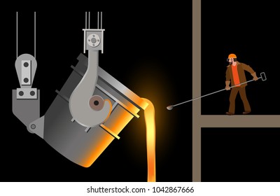 Steelmaker near the steel casting ladle. Vector illustration isolated on black background