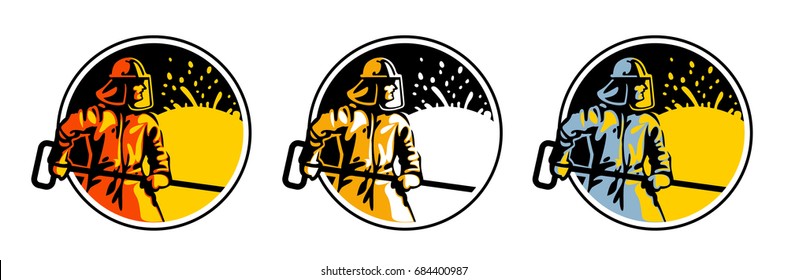 Steelmaker near the stove 3 logo Color orange and Yellow. Flat style vector illustration clipart.