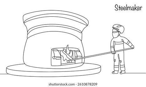 A steelmaker in a protective suit checks the temperature in a blast furnace, monitoring the steel melting process in order to regulate the composition of the metal and its properties during production