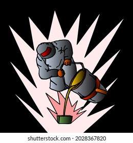 A steelworker pouring molten metal into a mould. Vector illustration. 
