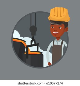 Steelworker at work in the foundry. Steelworker controlling iron smelting in the foundry. Industrial worker in steel making plant. Vector flat design illustration in the circle isolated on background.