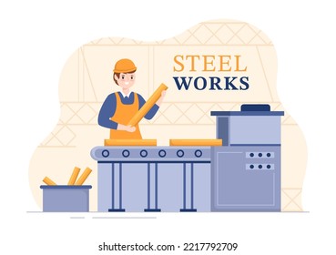 Steelworks with Resource Mining, Smelting of Metal in Big Foundry and Hot Steel Pouring in Flat Cartoon Hand Drawn Templates Illustration