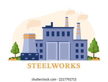 Steelworks with Resource Mining, Smelting of Metal in Big Foundry and Hot Steel Pouring in Flat Cartoon Hand Drawn Templates Illustration