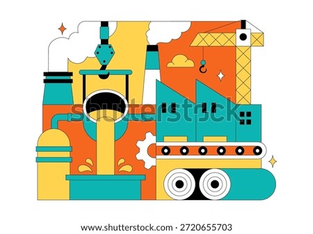 Steelworks Vector Illustration Featuring Resource Mining, Metal Smelting Process Inside Large Foundry, And Molten Steel Pouring In Flat Background