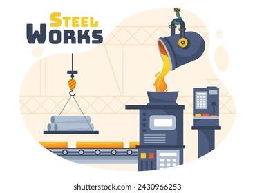 Ilustración vectorial de Steelworks con minería de recursos, fundición de metal en fundición grande y vertido de acero caliente en diseño de fondo plano de dibujos animados