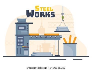 Steelworks Vector Illustration with Resource Mining, Smelting of Metal in Big Foundry and Hot Steel Pouring in Flat Cartoon Background Design