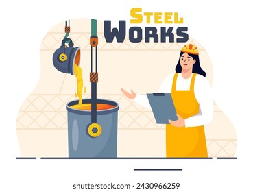 Steelworks Vector Illustration with Resource Mining, Smelting of Metal in Big Foundry and Hot Steel Pouring in Flat Cartoon Background Design