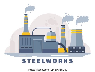 Ilustración vectorial de Steelworks con minería de recursos, fundición de metal en fundición grande y vertido de acero caliente en diseño de fondo plano de dibujos animados