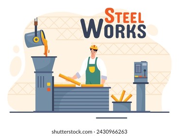 Steelworks Vector Illustration with Resource Mining, Smelting of Metal in Big Foundry and Hot Steel Pouring in Flat Cartoon Background Design