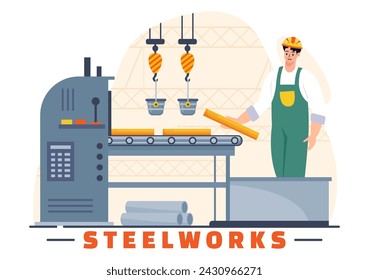 Ilustración vectorial de Steelworks con minería de recursos, fundición de metal en fundición grande y vertido de acero caliente en diseño de fondo plano de dibujos animados