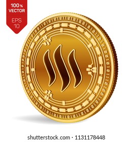 Steem. 3D isometric Physical coin. Digital currency. Cryptocurrency. Golden coin with Steem symbol isolated on white background. Vector illustration.