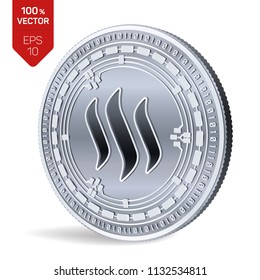 Steem. 3D isometric Physical coin. Digital currency. Cryptocurrency. Silver coin with Steem symbol isolated on white background. Vector illustration.