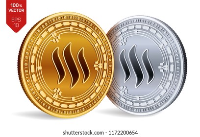 Steem. 3D isometric Physical coins. Digital currency. Cryptocurrency. Golden and silver coins with Steem symbol isolated on white background. Vector illustration.