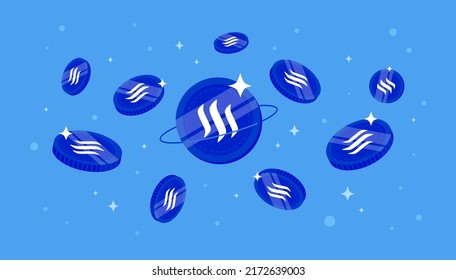 STEEM coins falling from the sky. STEEM cryptocurrency concept banner background.