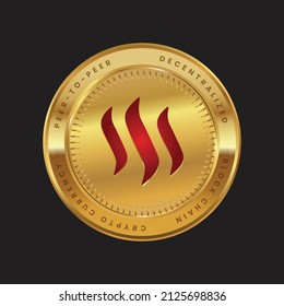 Steem crypto currency token logo in red color concept on gold coin isolated in black background. Vector illustration design for crypto news, poster, banner, web, print, financial articles.