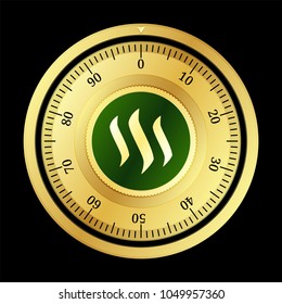Steem (STEEM) cryptocurrency safe lock. Eps10 vector illustration isolated on black background.
