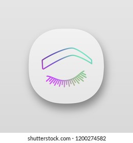 Steep arched eyebrow shape app icon. Soft angled eyebrows. Brows shaping by tattooing. Closed woman eye. UI/UX user interface. Web or mobile application. Vector isolated illustration