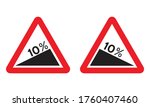 Steep Ascent and Steep Descent warning road sign set. Vector illustration of danger hill caution traffic sign. Attention red triangle mark isolated on white background.