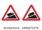 Steep Ascent and Steep Descent warning road sign set. Vector illustration of danger hill caution traffic sign. Attention red triangle boards isolated on white background. Information for truck driver.