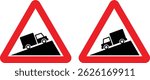 Steep Ascent and Steep Descent warning road sign set. of danger hill caution traffic sign. isolated on white background. two signs showing trucks on a hill