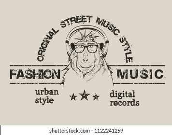 steep baboon listen a music in headphones.Vector grunge label for t-shirt design. Street style. Fashion music.
