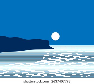 Steep cape and reflection of the moon on the sea. Vector illustration. Sketch for creativity.