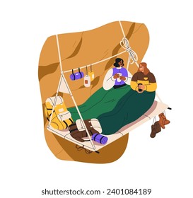 Steep cliff camping. Climbers relaxing on hammock suspended on rock edge, mountain. People relaxing during extreme climbing, adventure. Flat graphic vector illustration isolated on white background