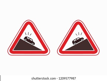 Steep climb icon. Steep Climb or Steep Slope. Steep ascen. Dangerous descent of the road. Warning signs. traffic training.  traffic rules. Traffic signs. road signs. information traffic signs