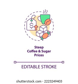 Icono de concepto de precios pronunciados del café y el azúcar. Costos elevados. Ilustración delgada de la idea abstracta de la inflación de la producción agrícola. Dibujo de contorno aislado. Trazo editable. Fuentes Arial, Myriad Pro-Bold utilizadas