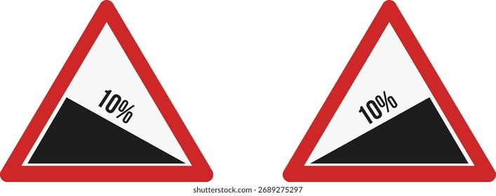 Steep Descent 10% Ahead Warning Sign, Mountain Road Gradient Traffic Sign Vector Illustration. Steep descent warning sign showing a 10% downhill gradient ahead, used to alert drivers on mountain and hill roads. Isolated flat vector icon suitable for road safety campaigns, driving manuals, and travel infographics.